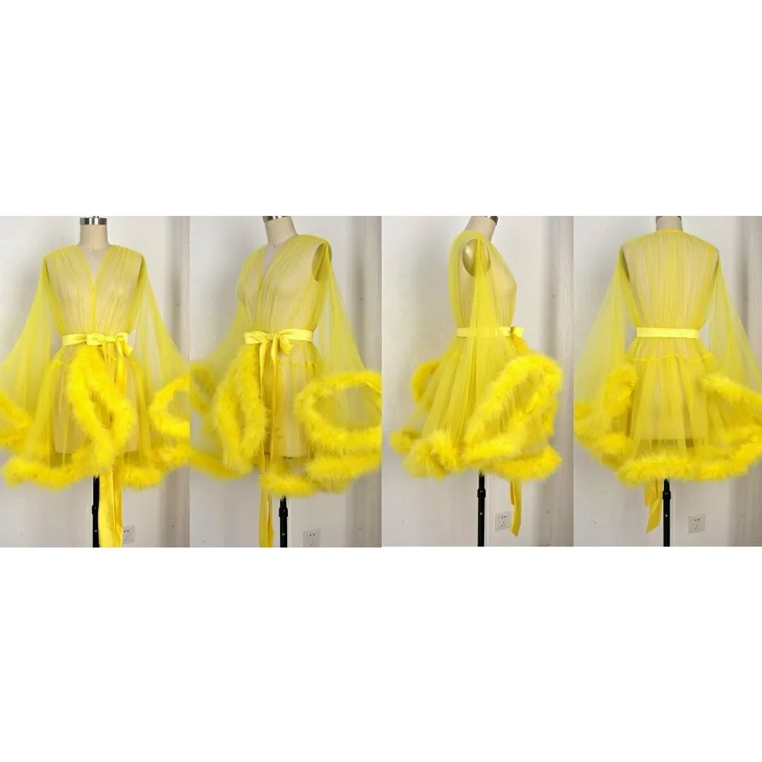 "Night In" Yellow Handmade Sheer Fluffy Mini Marabou Feather Robe