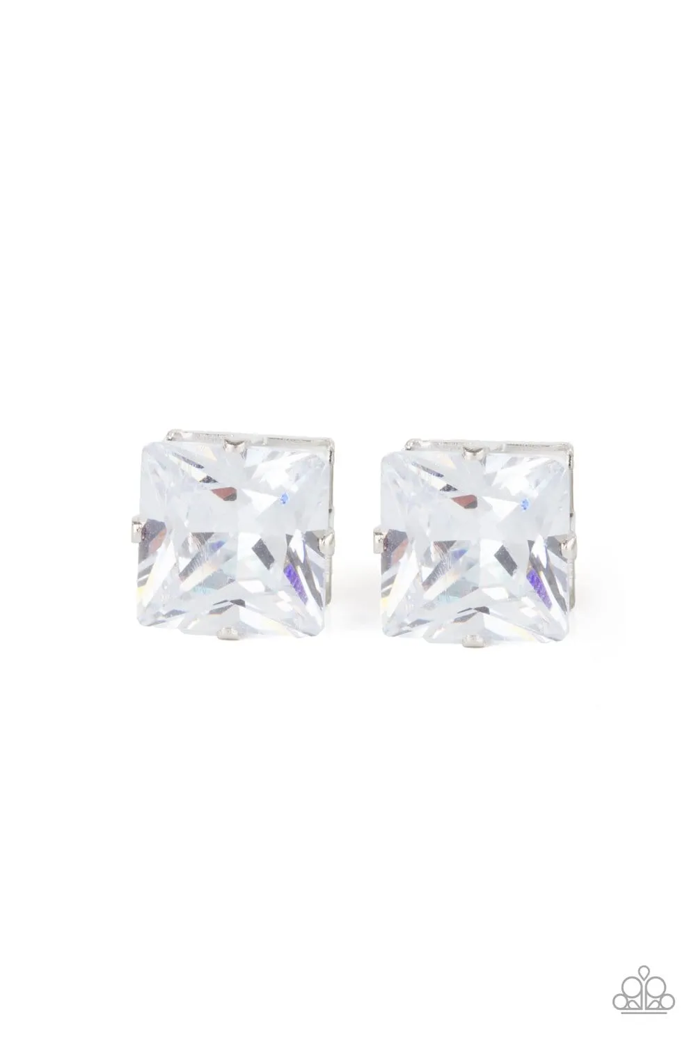 "Times Square Timeless" Silver Metal White/Clear Rhinestone Square Post Earrings