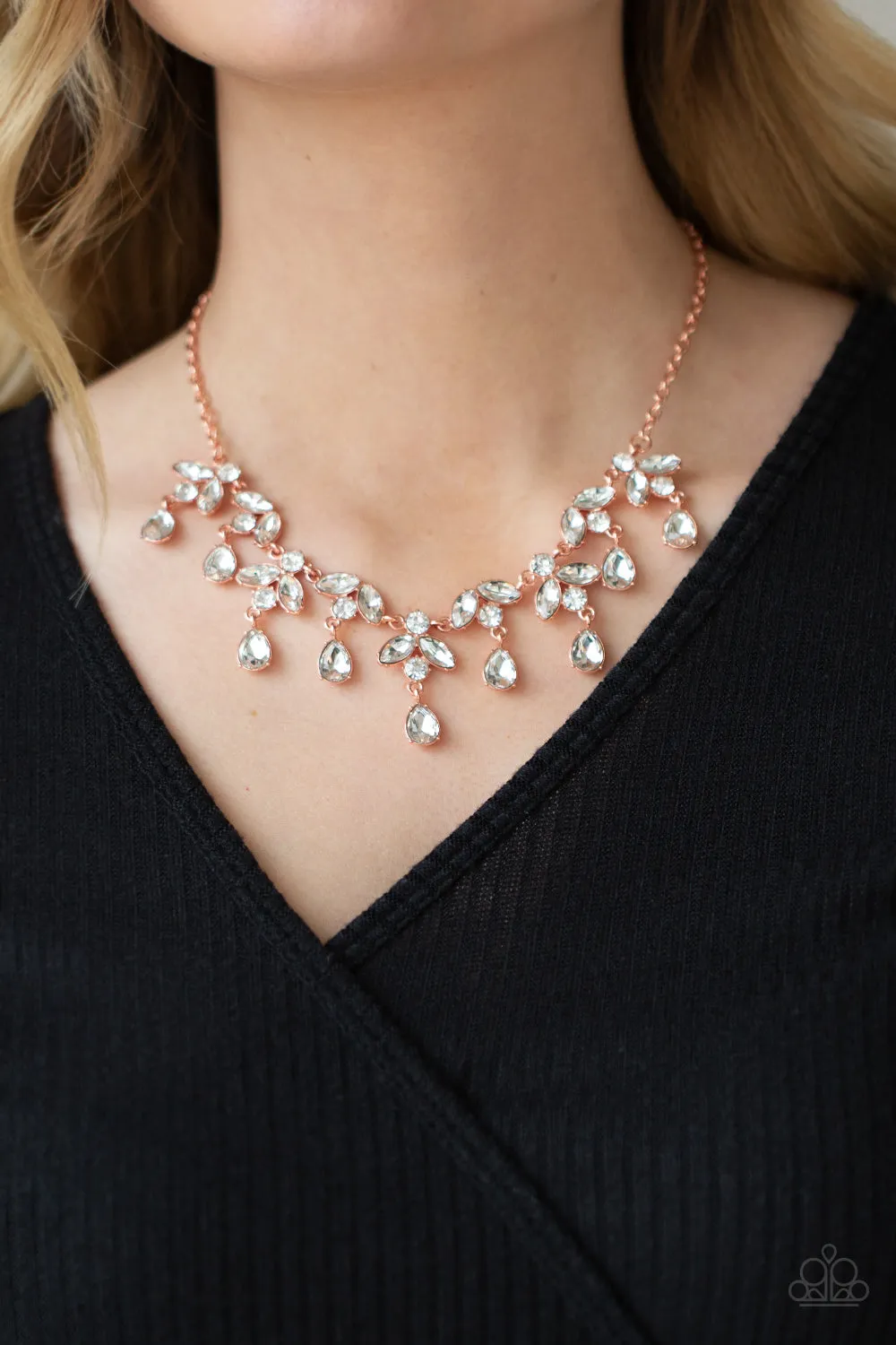 "Vintage Royale" Copper Metal White/Clear Rhinestone Cascade Necklace Set