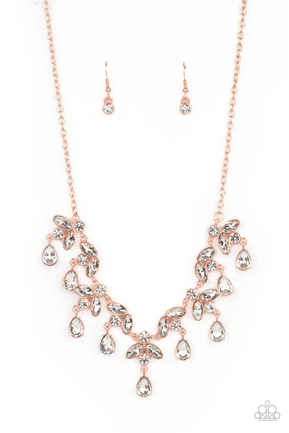 "Vintage Royale" Copper Metal White/Clear Rhinestone Cascade Necklace Set