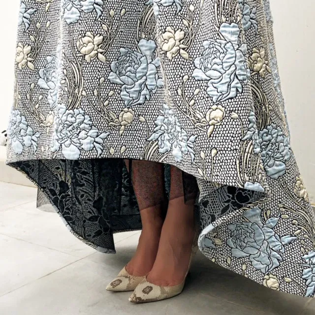 RAM19 MARIE BLUE BROCADE DRESS WITH TULLE UNDERSKIRT