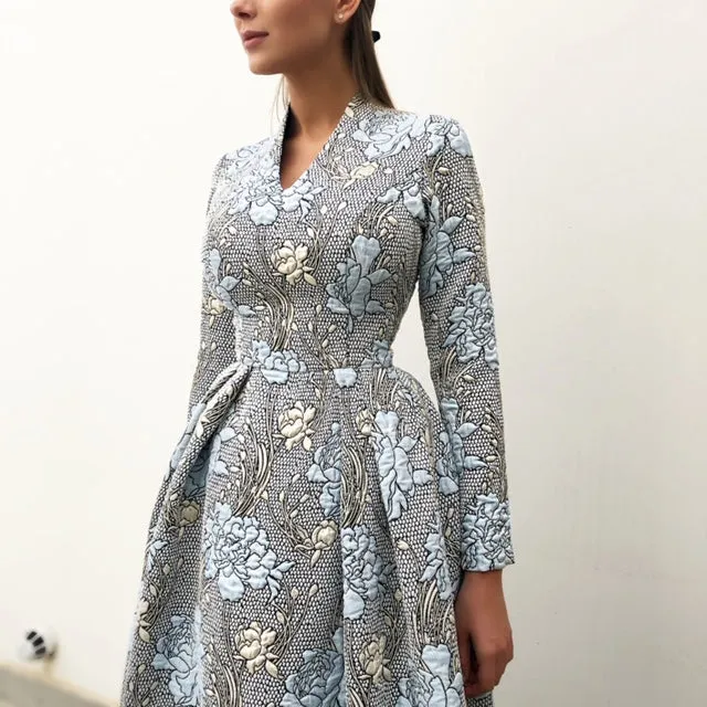 RAM19 MARIE BLUE BROCADE DRESS WITH TULLE UNDERSKIRT