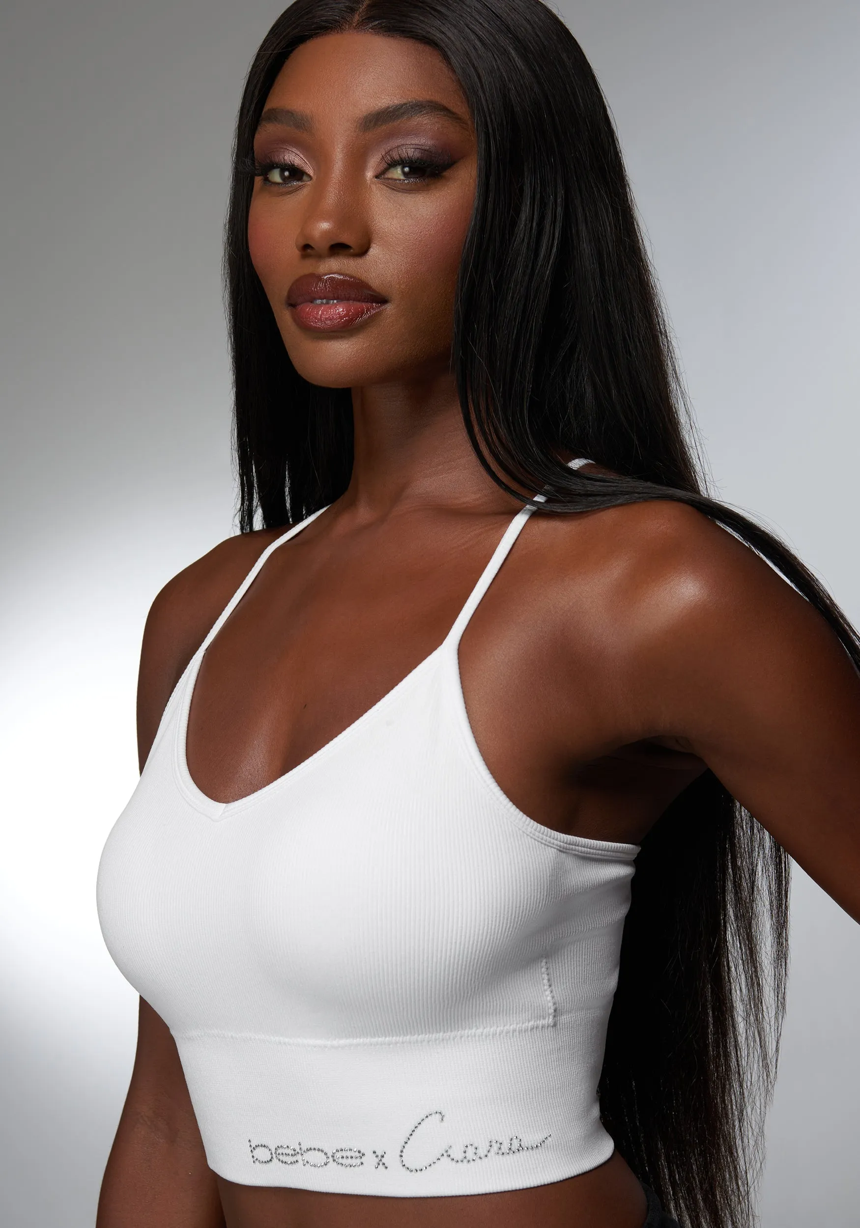 Rhinestone Logo V Neck Bra Tank