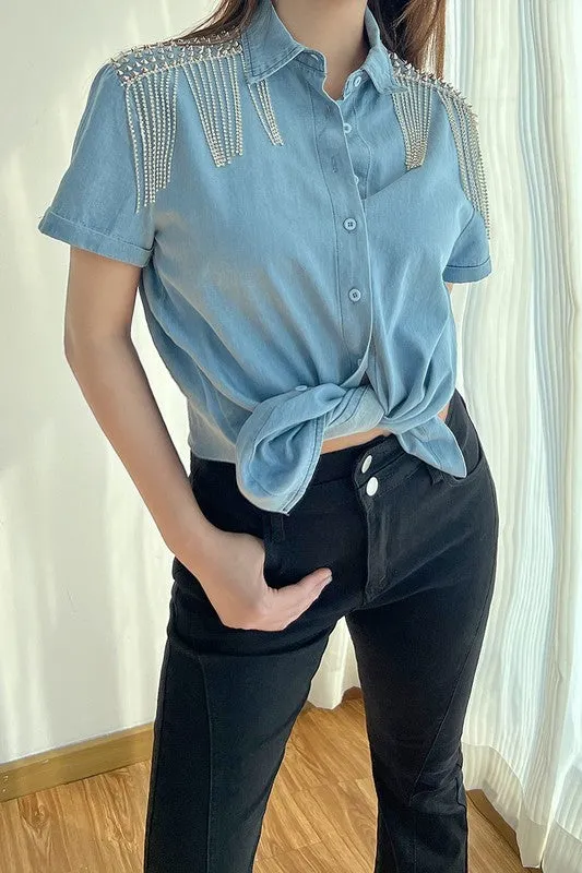 Rhinestones Fringe Button Down Denim Shirt
