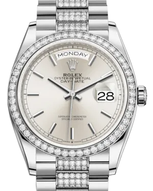 Rolex Day-Date 36 White Gold Silver Index Dial & Diamond Bezel Diamond Set President Bracelet 128239RBR