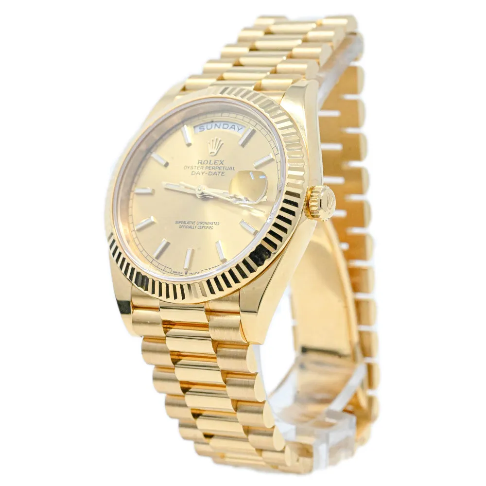 Rolex Mens President Day-Date 40mm 18K Yellow Gold Watch, Champagne Roman Dial Fluted Bezel President Bracelet Reference #: 228238