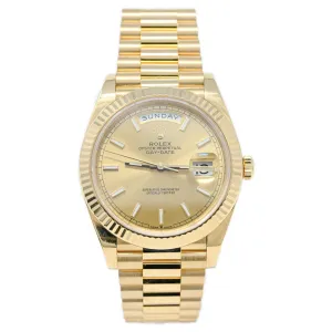 Rolex Mens President Day-Date 40mm 18K Yellow Gold Watch, Champagne Roman Dial Fluted Bezel President Bracelet Reference #: 228238