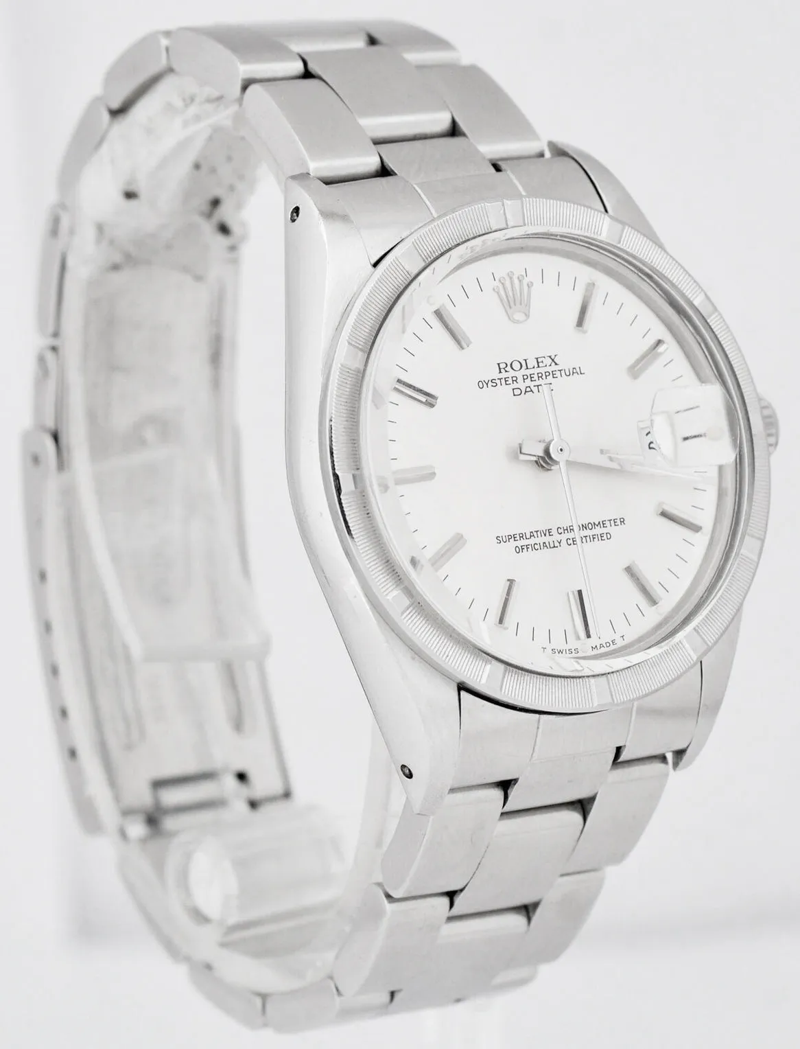Rolex Oyster Perpetual Date Silver 15010 34mm Quickset Stainless Steel Watch