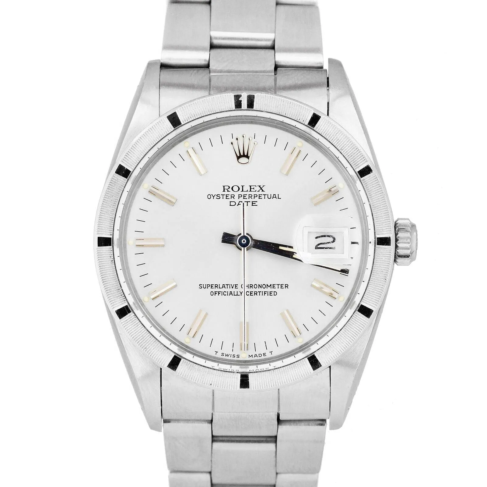 Rolex Oyster Perpetual Date Silver 15010 34mm Quickset Stainless Steel Watch
