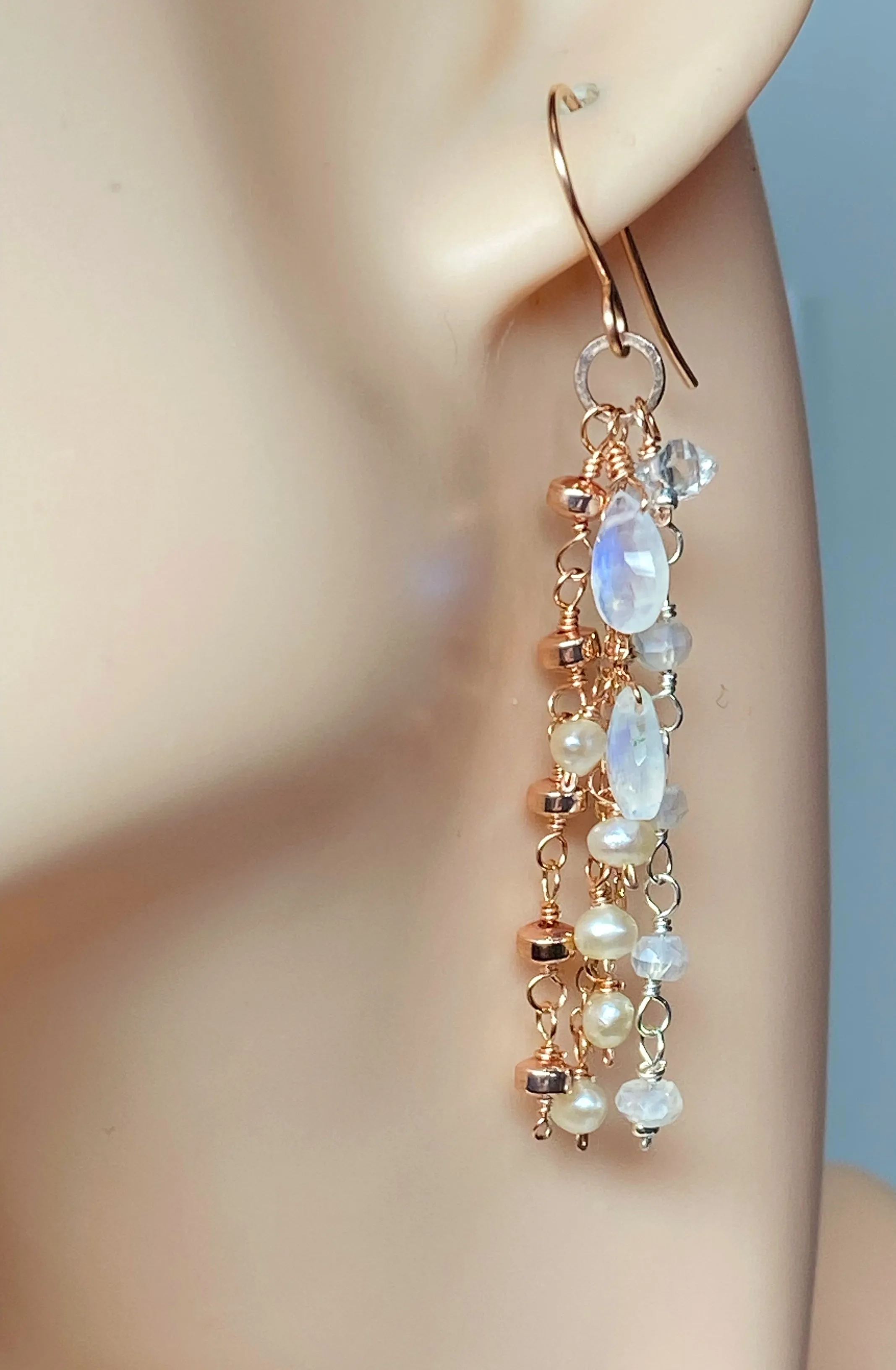 Rose Gold Dainty Moonstone, Pearl Romantic Boho Dangle Earrings