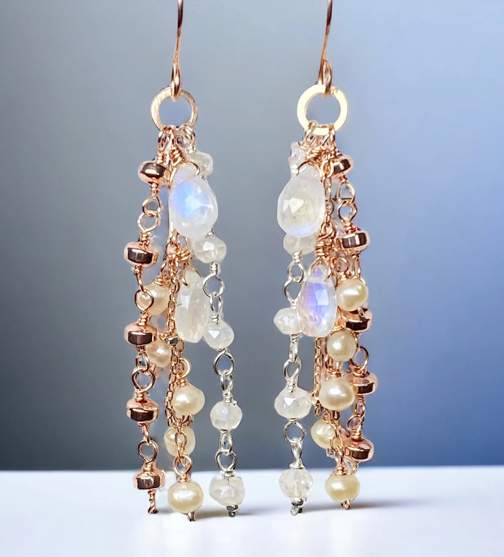 Rose Gold Dainty Moonstone, Pearl Romantic Boho Dangle Earrings