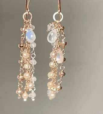 Rose Gold Dainty Moonstone, Pearl Romantic Boho Dangle Earrings