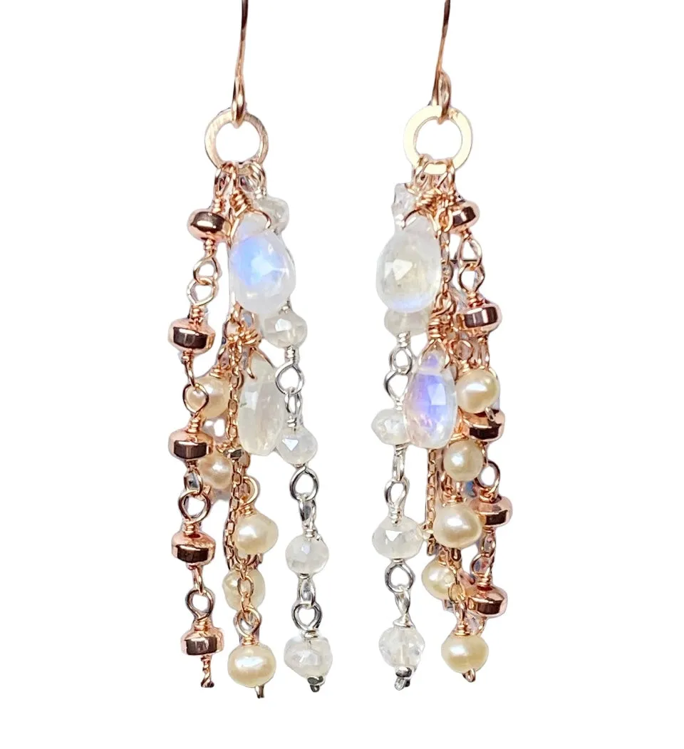 Rose Gold Dainty Moonstone, Pearl Romantic Boho Dangle Earrings