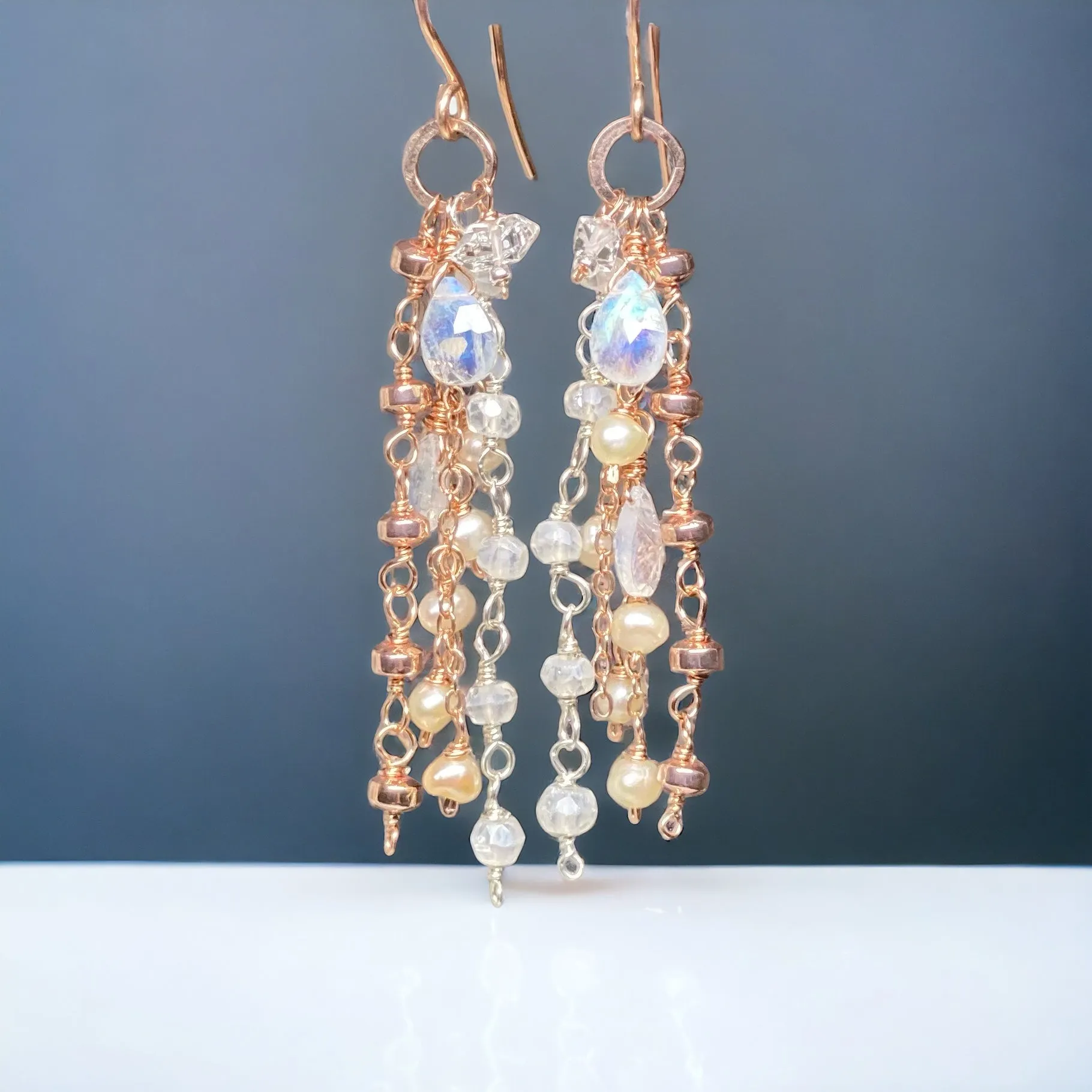Rose Gold Dainty Moonstone, Pearl Romantic Boho Dangle Earrings
