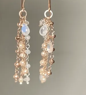 Rose Gold Dainty Moonstone, Pearl Romantic Boho Dangle Earrings