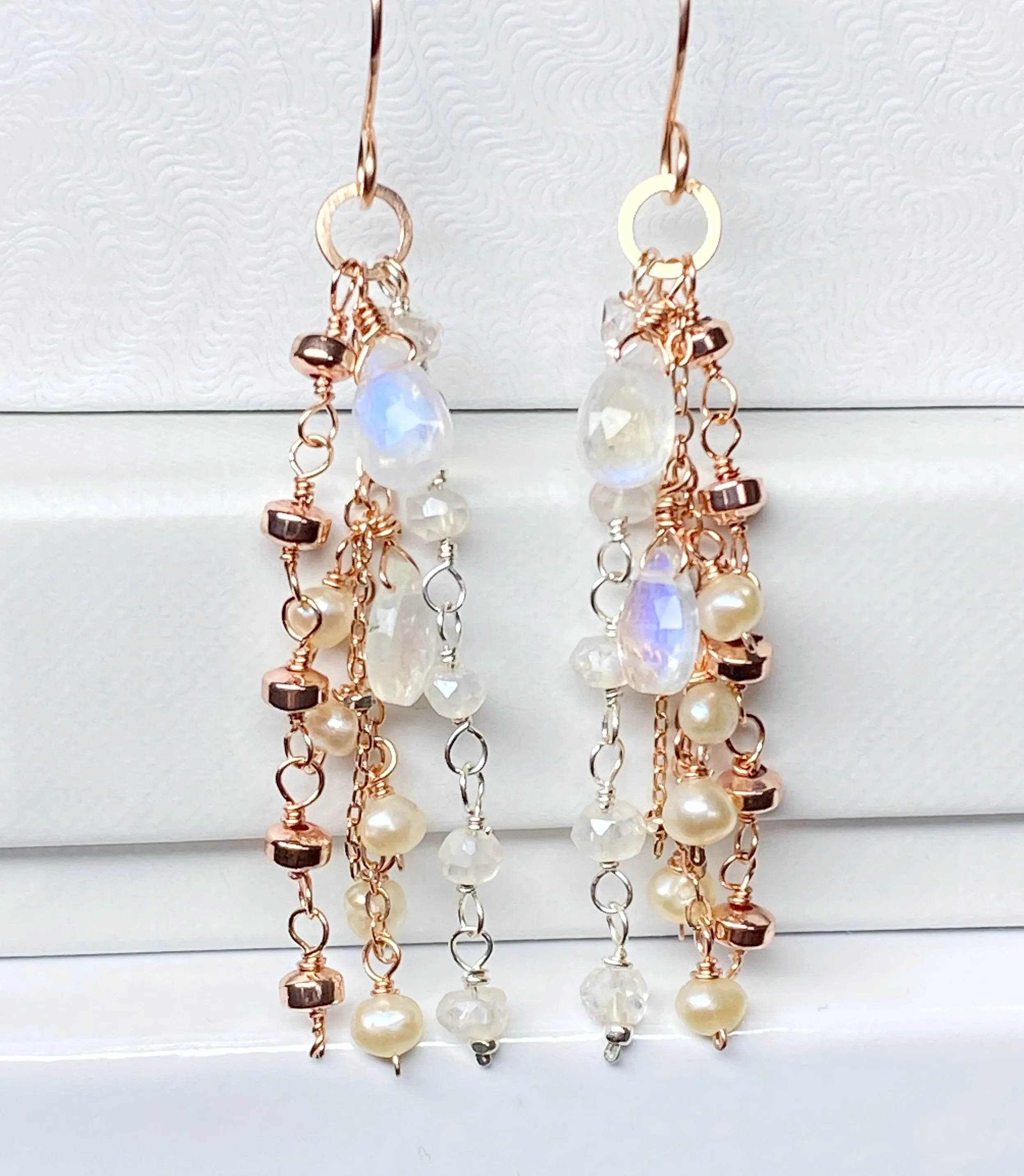 Rose Gold Dainty Moonstone, Pearl Romantic Boho Dangle Earrings