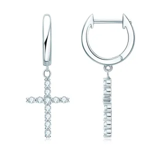 Round Cut 1.6mm Moissanite Cross Drop Hoop Earrings