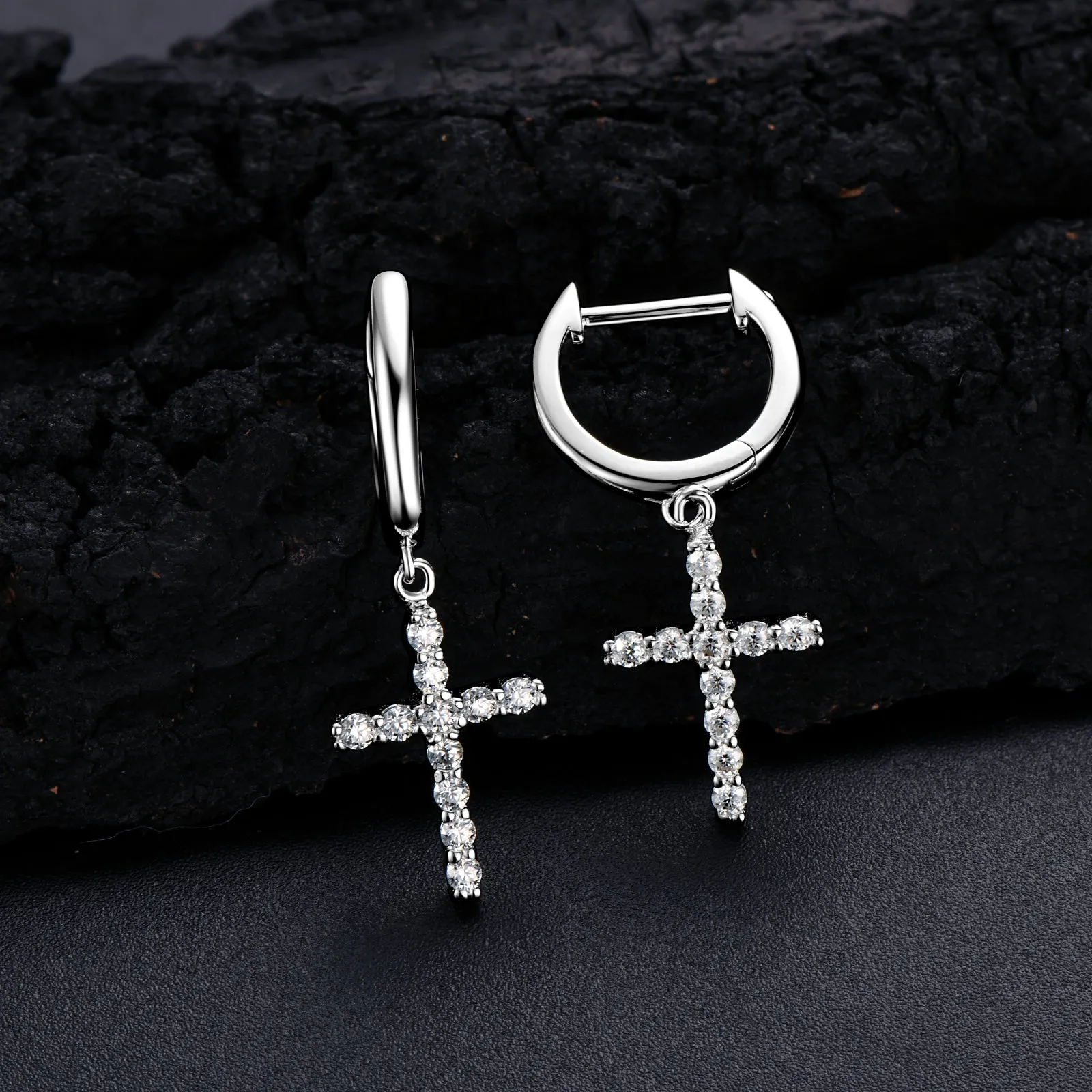 Round Cut 1.6mm Moissanite Cross Drop Hoop Earrings