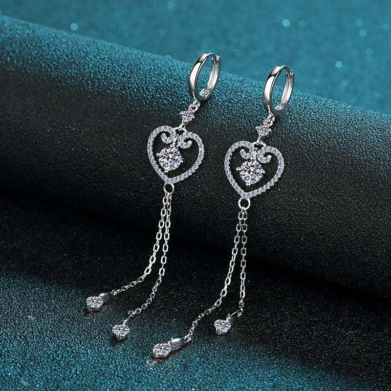 Round Cut Moissanite Diamond Classic Tassel Heart Shaped Cuff Earrings