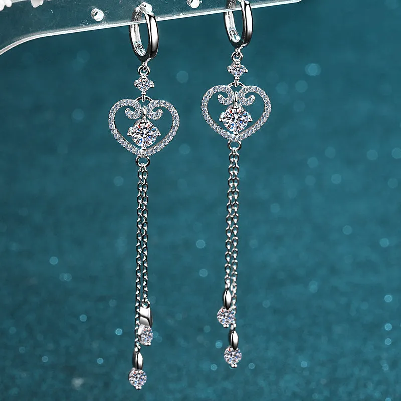 Round Cut Moissanite Diamond Classic Tassel Heart Shaped Cuff Earrings