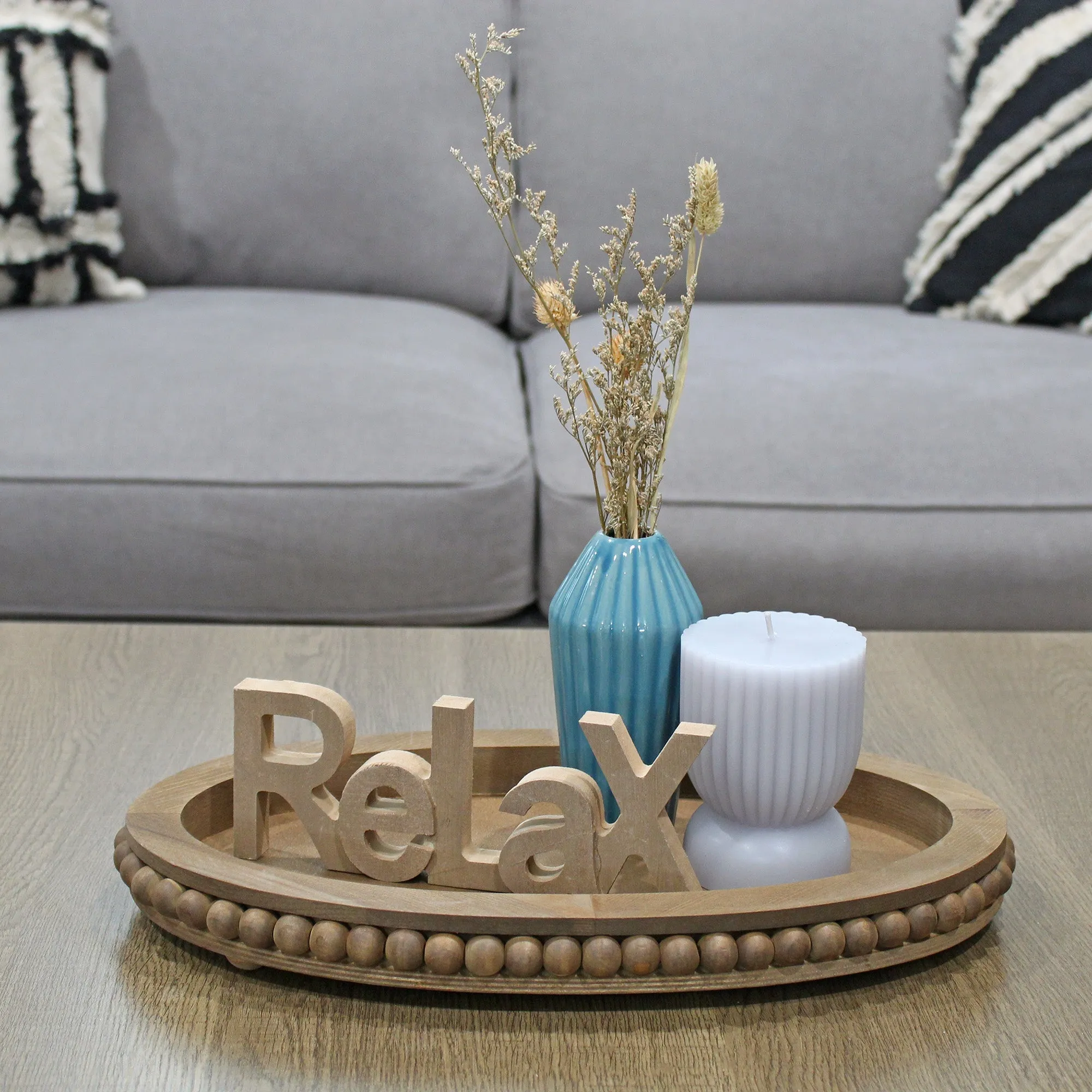 Rustic Beaded Wood Tray Set (Set of 2)
