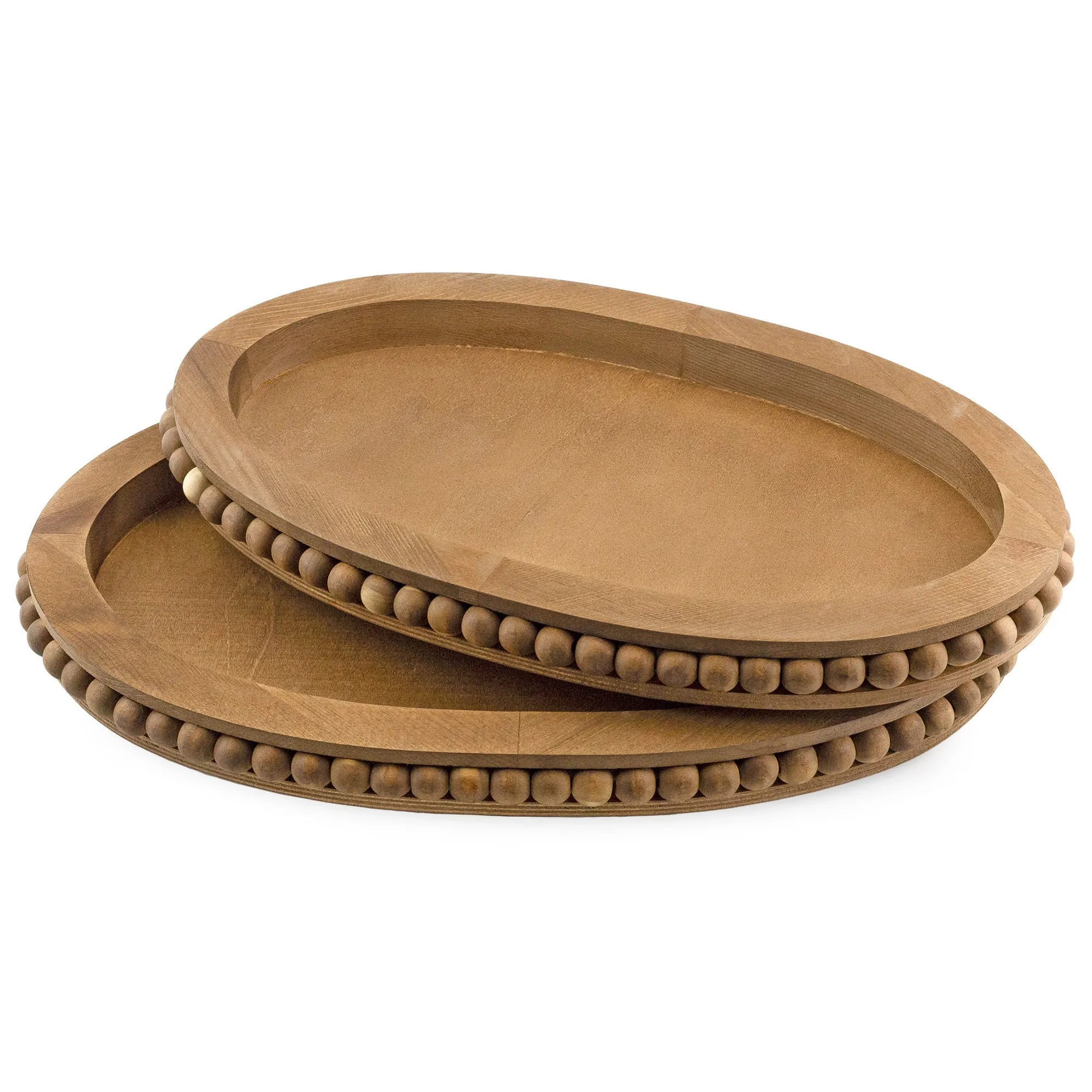 Rustic Beaded Wood Tray Set (Set of 2)