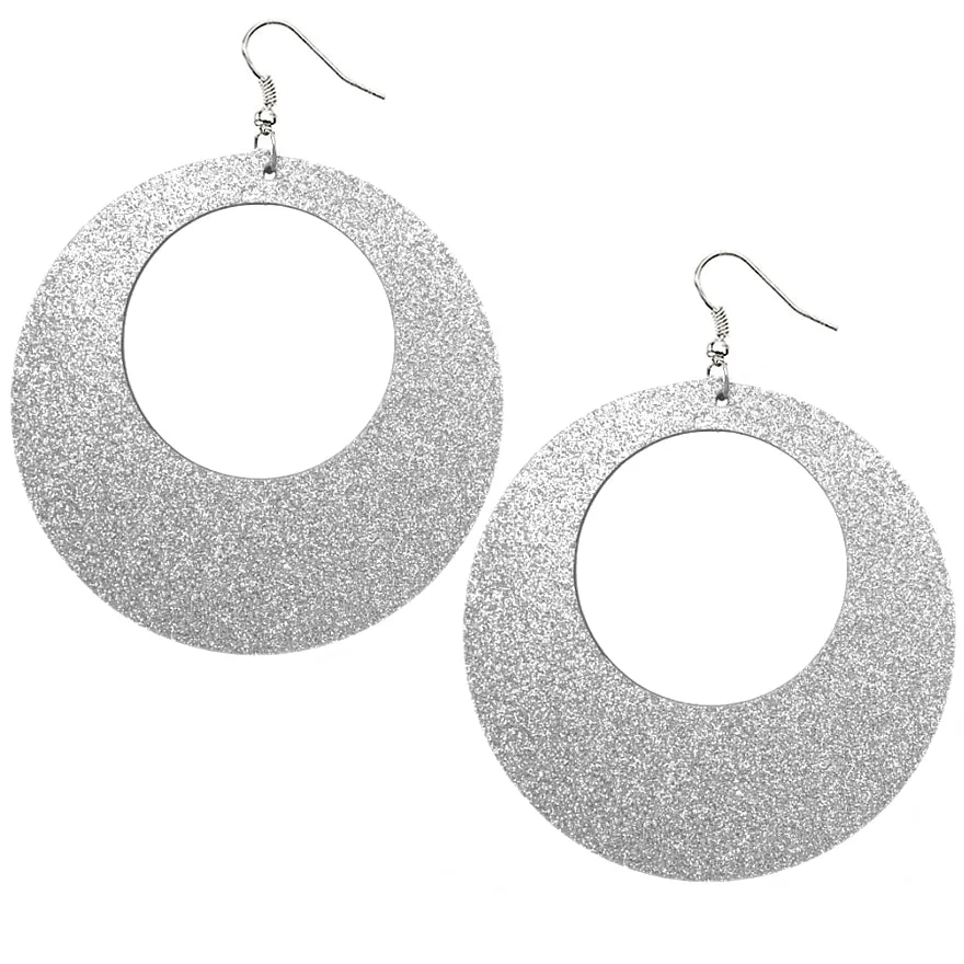 Silver Big Wooden Glitter Hoop Earrings