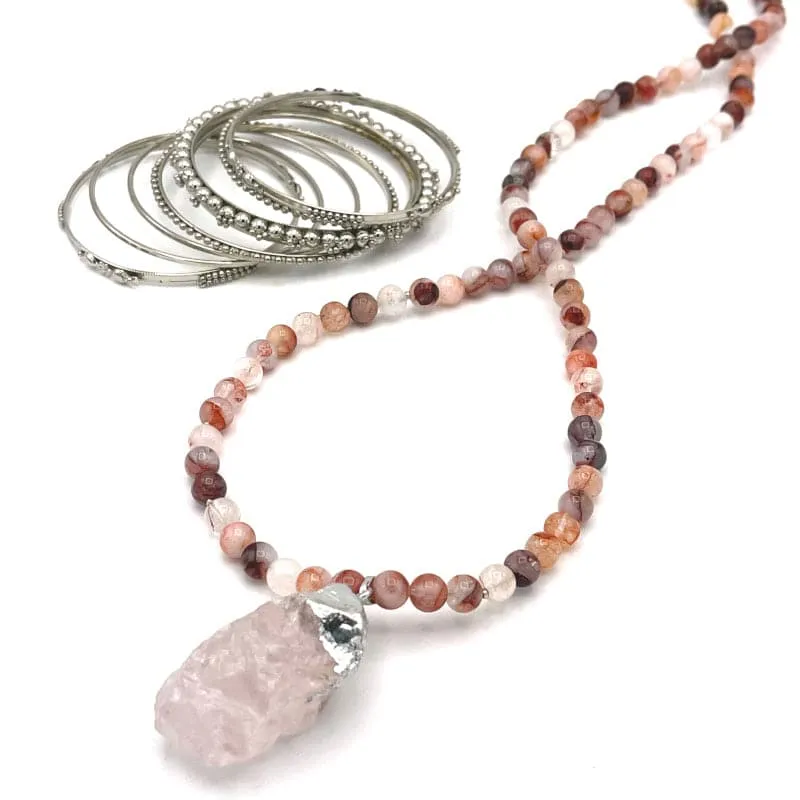 Silver Foil Wrapped Rose Quartz Pendant Necklace