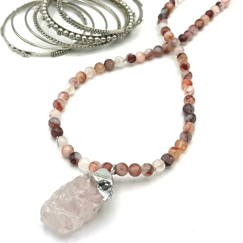Silver Foil Wrapped Rose Quartz Pendant Necklace