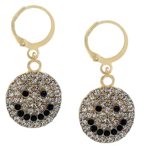 Silver Rhinestone Happy Face Leverback Earrings