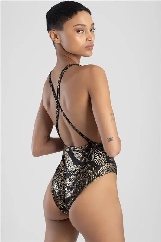 Sissyboy Ladies Top Foil Palm Print Black And Gold