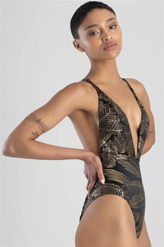 Sissyboy Ladies Top Foil Palm Print Black And Gold