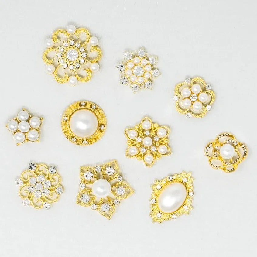 Small Sizes with Pearls | Bulk Gold Rhinestone Embellishments
