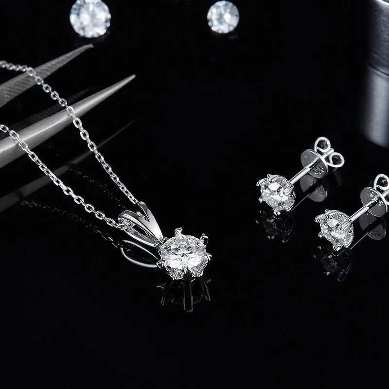 Snowflake Round 2ctw. Moissanite Stud Earrings and 2ct Moissanite Pendant Necklace Jewelry Set