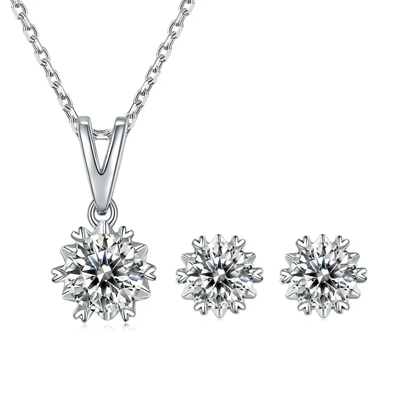 Snowflake Round 2ctw. Moissanite Stud Earrings and 2ct Moissanite Pendant Necklace Jewelry Set