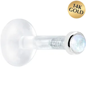 Solid 14KT White Gold 2mm Genuine Rainbow Moonstone Bioplast Push in Monroe