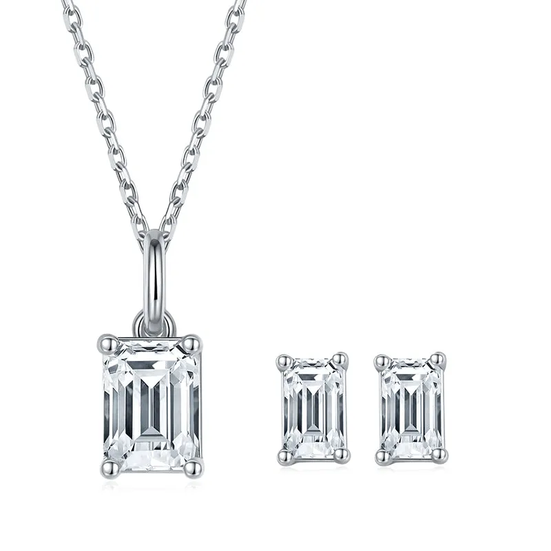 Solitaire Emerald Cut 1 Carat Moissanite Stud Earrings & Pendant Necklace