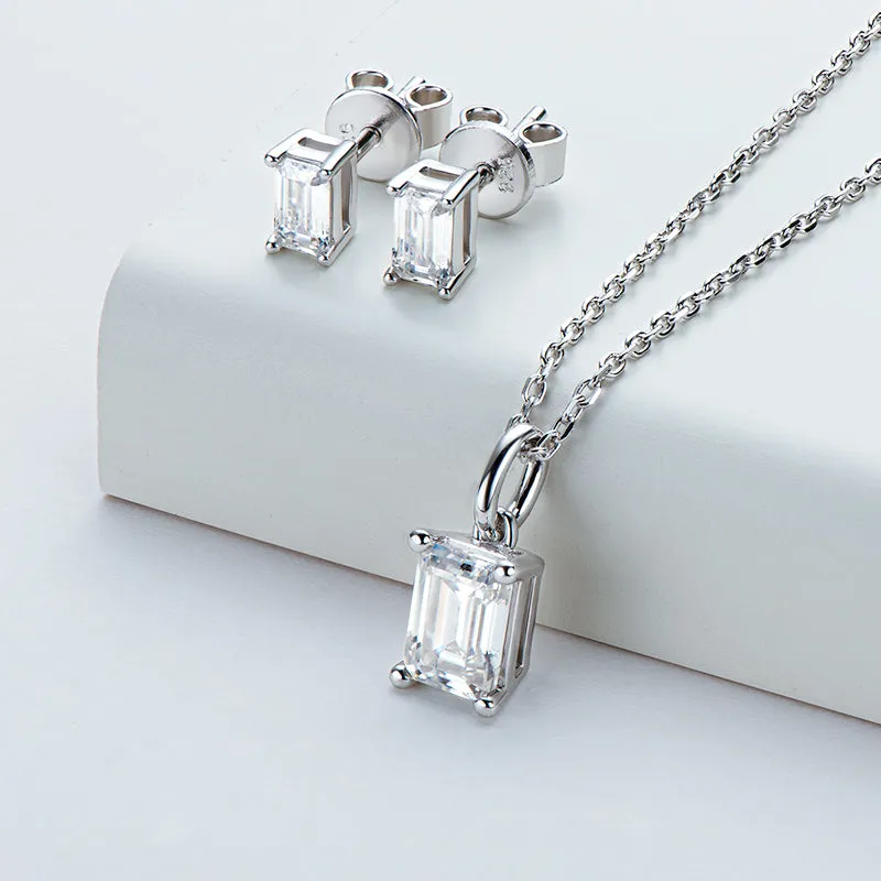 Solitaire Emerald Cut 1 Carat Moissanite Stud Earrings & Pendant Necklace