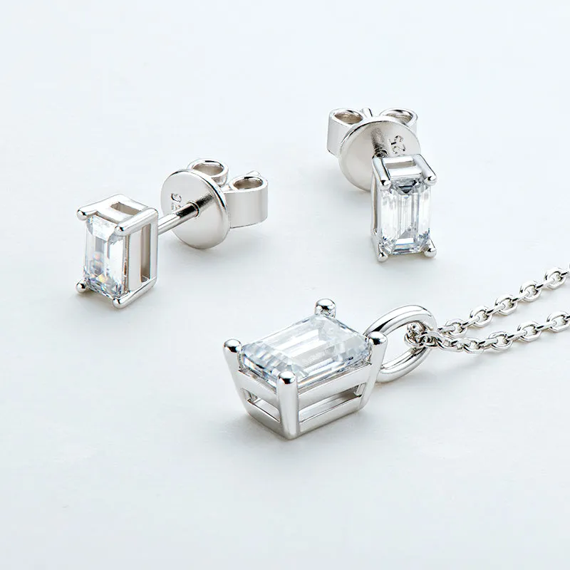 Solitaire Emerald Cut 1 Carat Moissanite Stud Earrings & Pendant Necklace