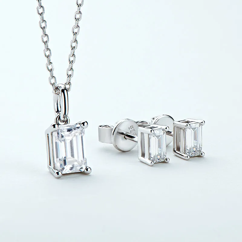 Solitaire Emerald Cut 1 Carat Moissanite Stud Earrings & Pendant Necklace