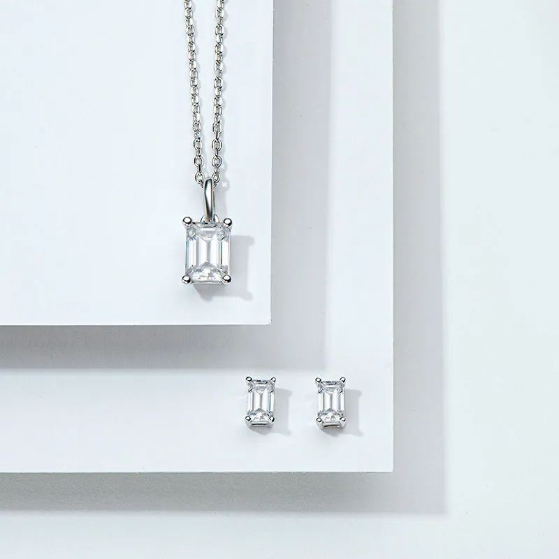 Solitaire Emerald Cut 1 Carat Moissanite Stud Earrings & Pendant Necklace