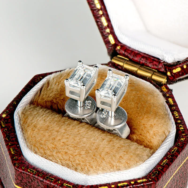 Solitaire Emerald Cut 1 Carat Moissanite Stud Earrings & Pendant Necklace
