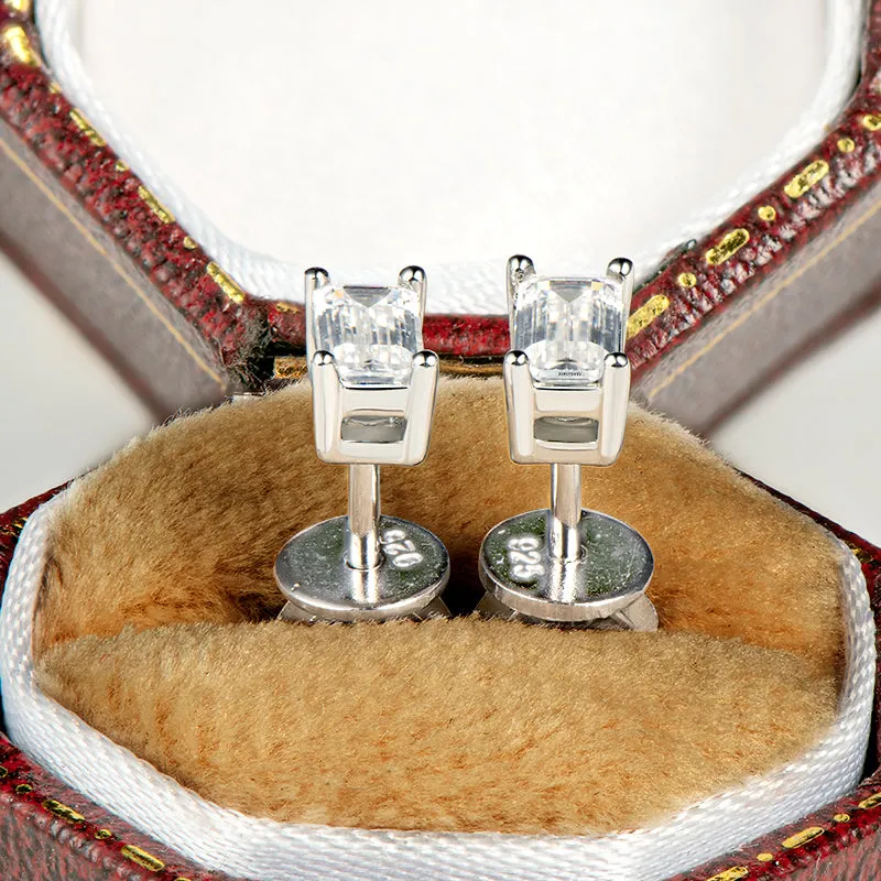 Solitaire Emerald Cut 1 Carat Moissanite Stud Earrings & Pendant Necklace
