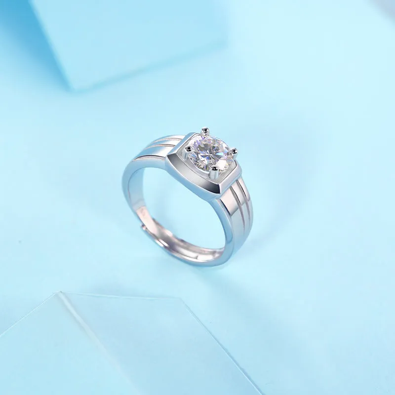 Solitaire Round Brilliant Cut Moissanite Diamond Men's Ring Adjustable Size