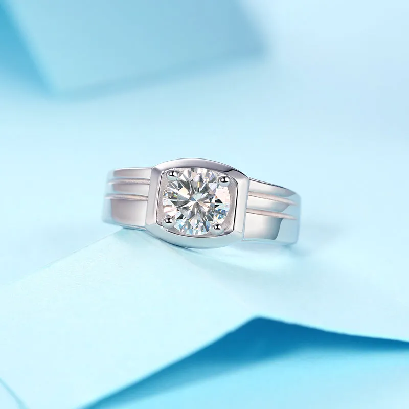 Solitaire Round Brilliant Cut Moissanite Diamond Men's Ring Adjustable Size