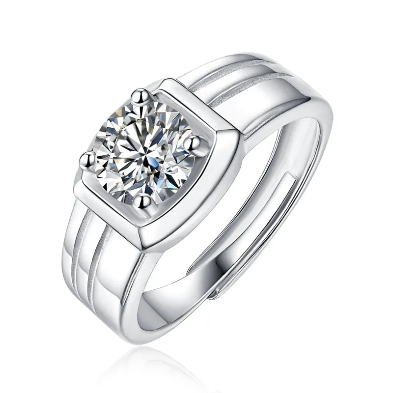 Solitaire Round Brilliant Cut Moissanite Diamond Men's Ring Adjustable Size