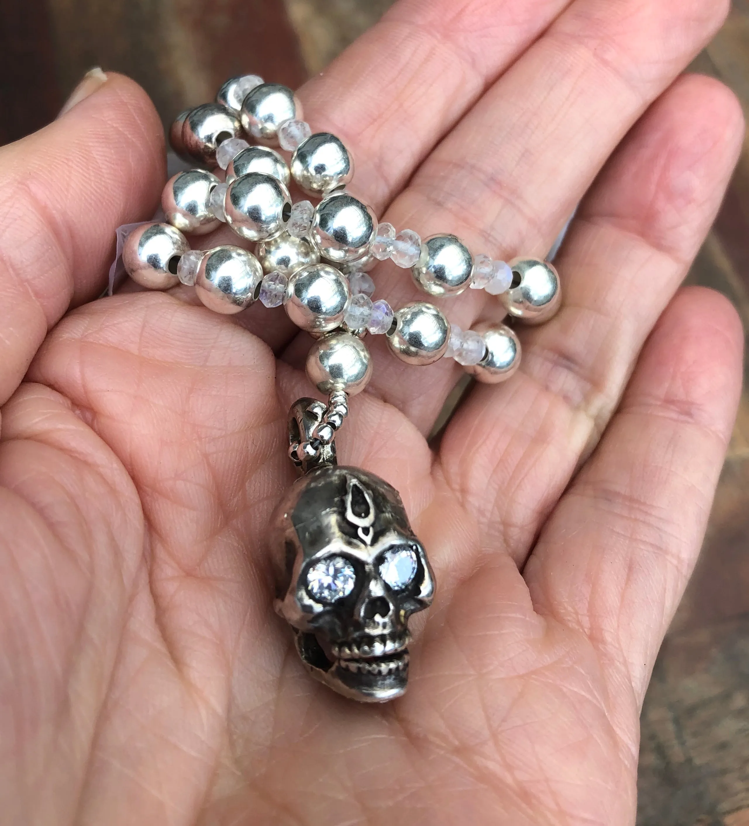Sterling Silver & Moonstone Skull Necklace