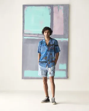 Summer Bush Shirt Animal Cotton Linen Blue S413CL405 SuketDhir