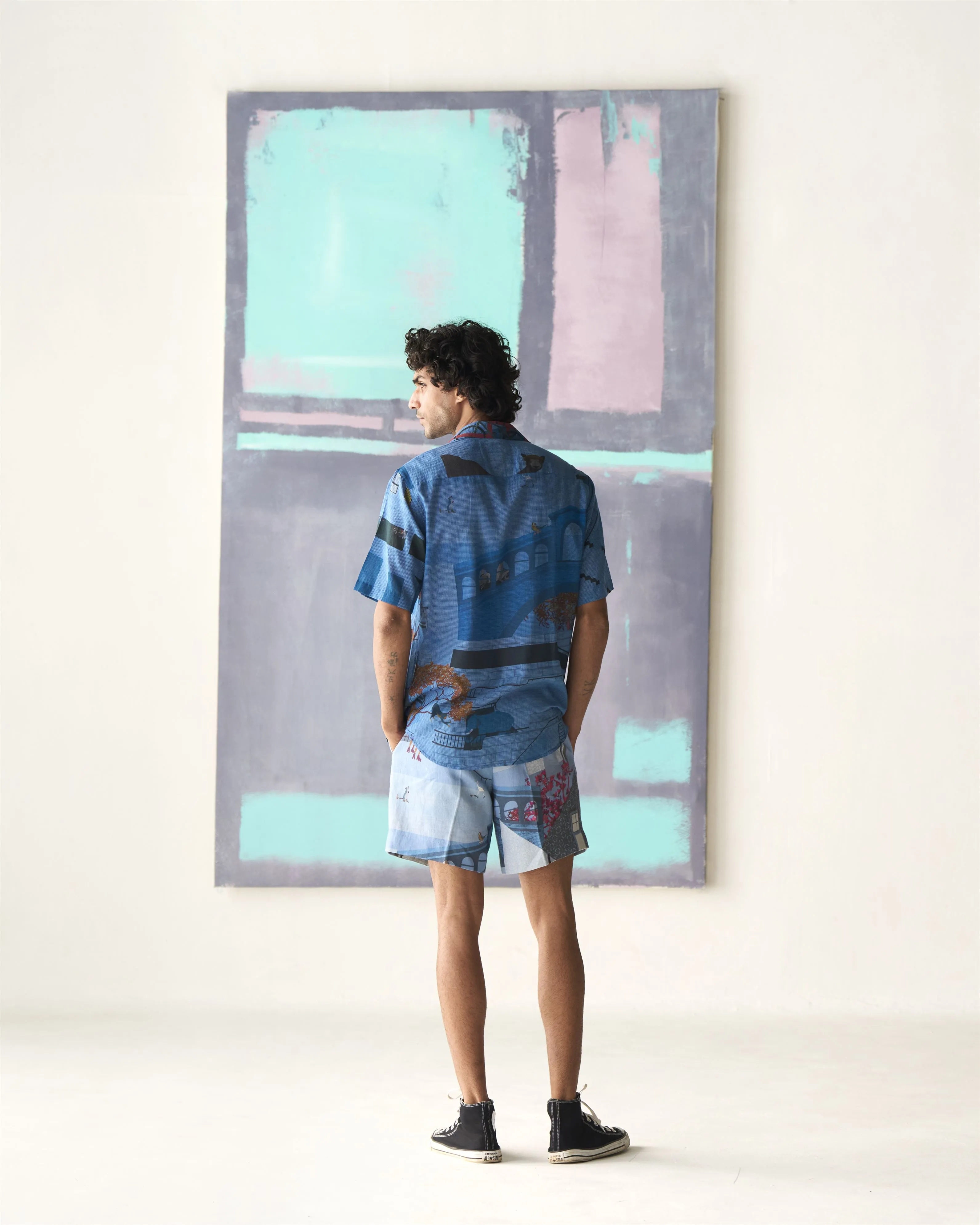Summer Bush Shirt Animal Cotton Linen Blue S413CL405 SuketDhir