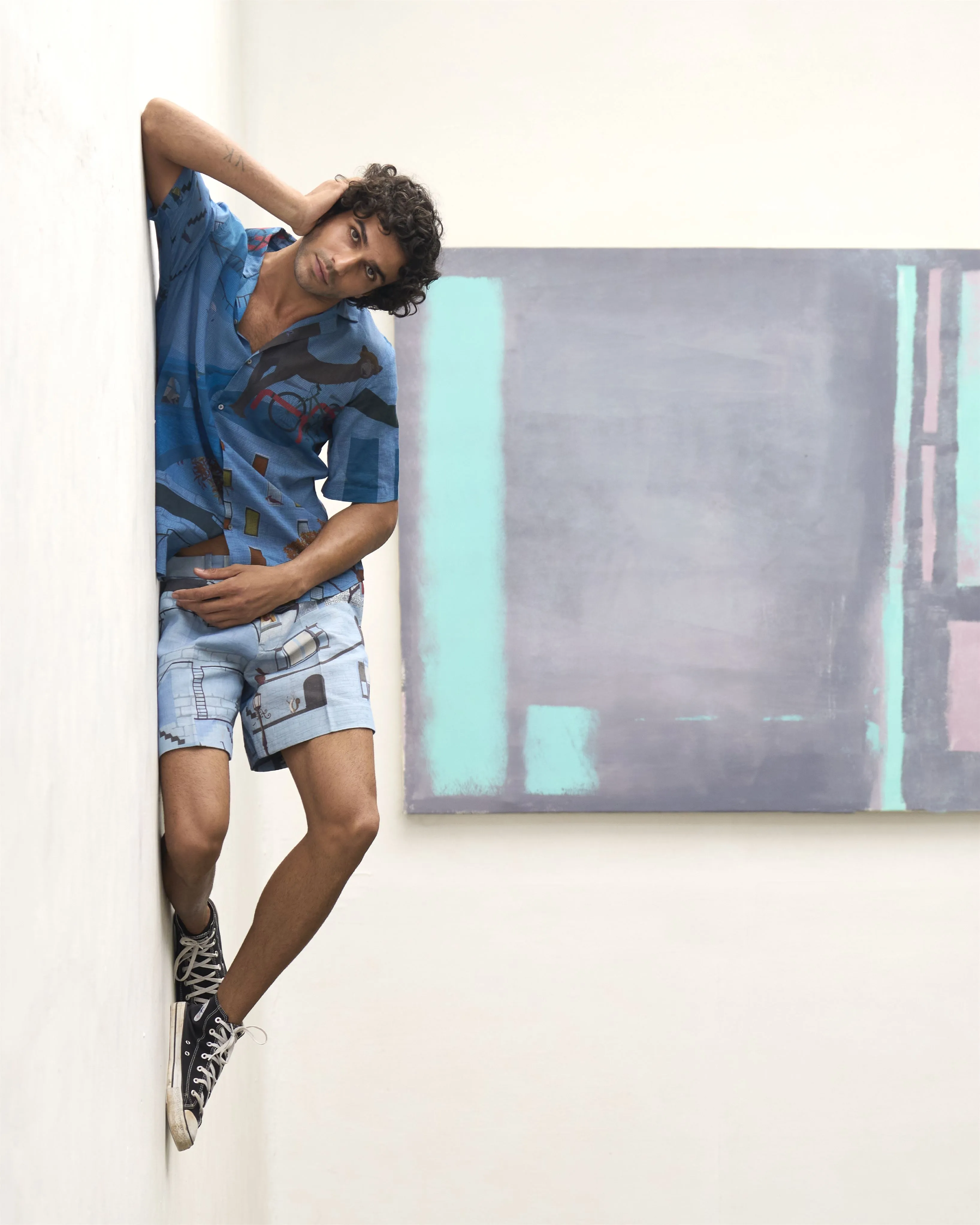 Summer Bush Shirt Animal Cotton Linen Blue S413CL405 SuketDhir